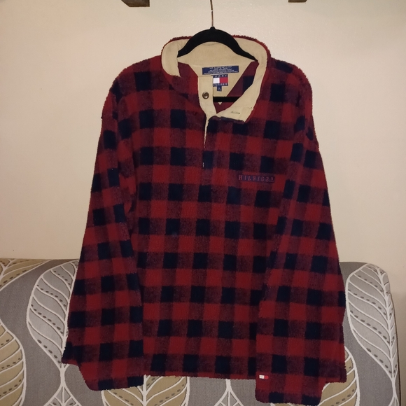 Tommy Hilfiger Mens XL buffalo Plaid Check Sherpa Button CorduroyCollar Pullover - Picture 3 of 13